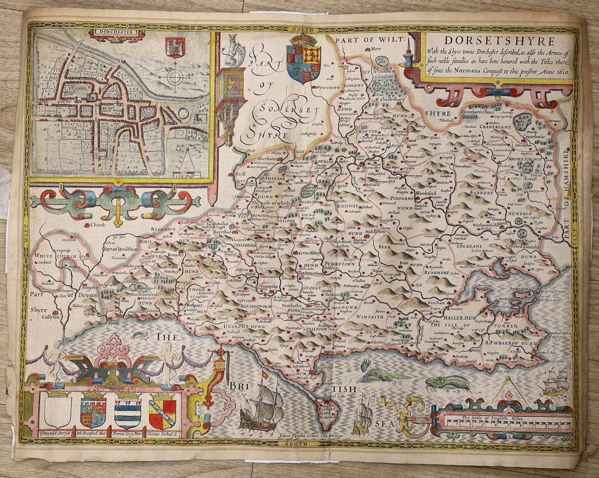 John Speed, (1552-1629) Dorsetshyre, hand coloured map, with the Shire-towne Dorchester described, 40.5cm X 53cm